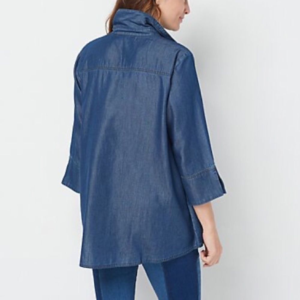Martha Stewart Chambray Button Front 3/4- Sleeve Hi-Low Hem Blouse - Picture 2 of 8